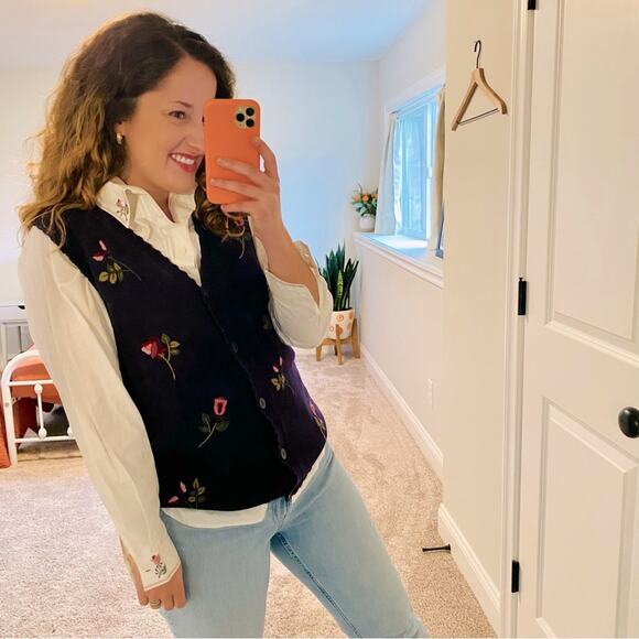 Deadstock Vintage Tulchan Purple Needlepoint Floral Top and Vest Set Small - Picture 1 of 16